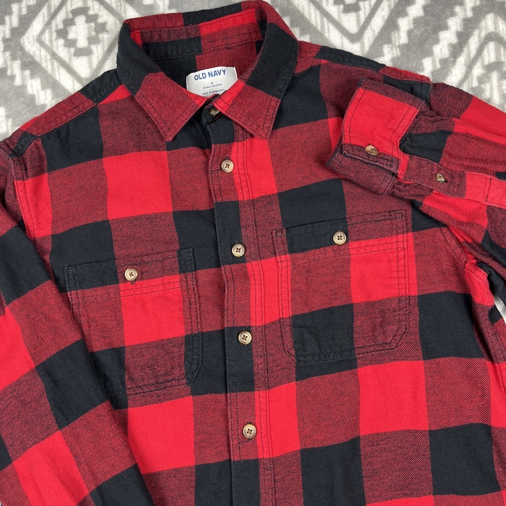 Old Navy Flannel Shirt Mens M Red Buffalo Plaid 100% Cotton Classic Lumberjack